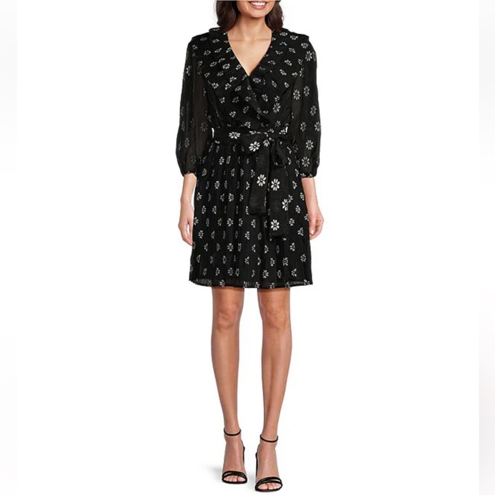 Buru Blanche Floral Print Pleated Split 3/4 Balloon Sleeve Tie Waist Mini Dress